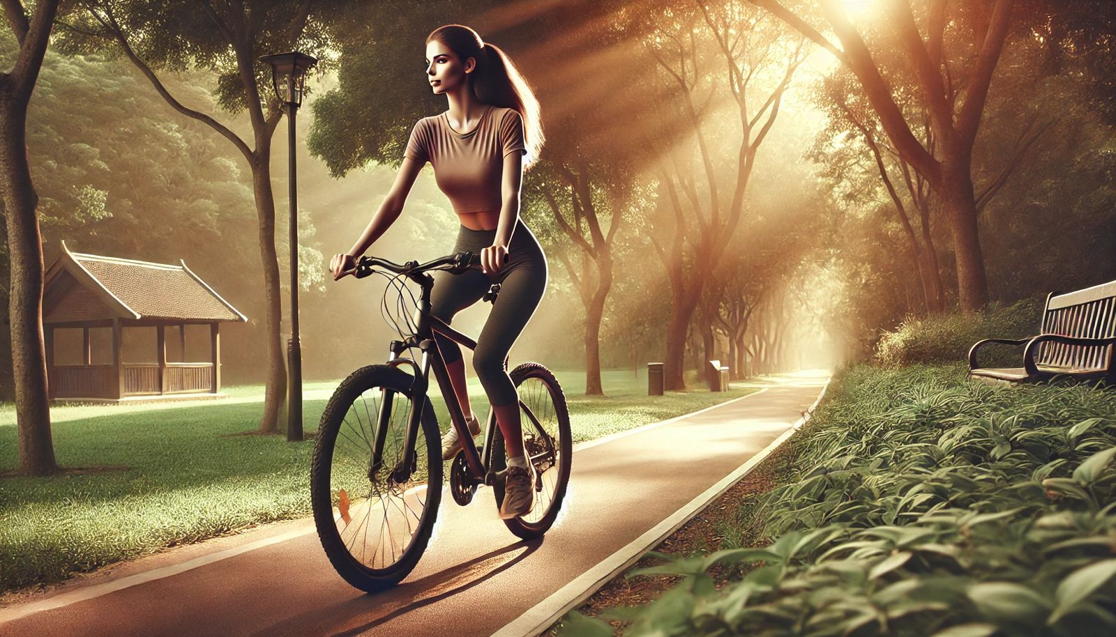 Eine sportliche Frau in T-Shirt und langer Hose fährt mit einem Fahrrad auf einem ruhigen Parkweg. Die Umgebung ist harmonisch mit viel Grün, weichen Sonnenstrahlen und einer entspannten Atmosphäre, die Fitness im Alltag symbolisiert.